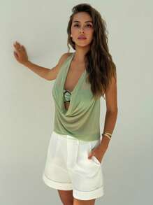 Aloruh New Sexy Semi-Sheer Plunging Neck Metal Decor Open Back Camisole,Off The Shoulder Top