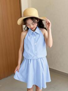 2pcs/Set Girls Chic Summer Loose Plaid Frill Blouse Top & Casual Bottom Set - Blue - View 3