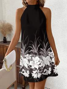 SHEIN Clasi Vestido corto casual con cuello redondo y estampado floral para mujer, adecuado para el verano