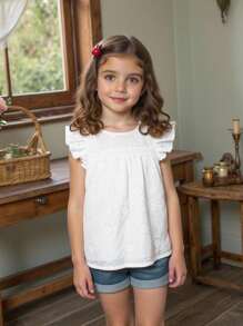 SHEIN Vintaside Kids 年轻女孩纯色圆领盖袖烂花衬衫