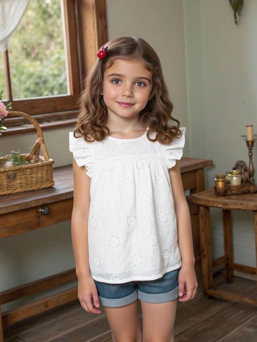 SHEIN Vintaside Kids 年轻女孩纯色圆领盖袖烂花衬衫