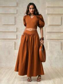 EMERY ROSE 编织纯色 V 领短款泡泡袖系带蝴蝶结腰裙 2 件套优雅休闲度假风格女士服装，春夏秋 - 卡其色 - 查看 10