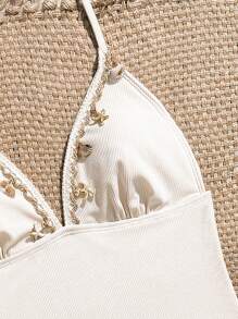 SHEIN Teen Girls' Tankinis Set, Blue Ribbed Fabric Adjustable Camisole Top & Triangle Bottom, With Shell & Starfish Decor, 2 Pieces