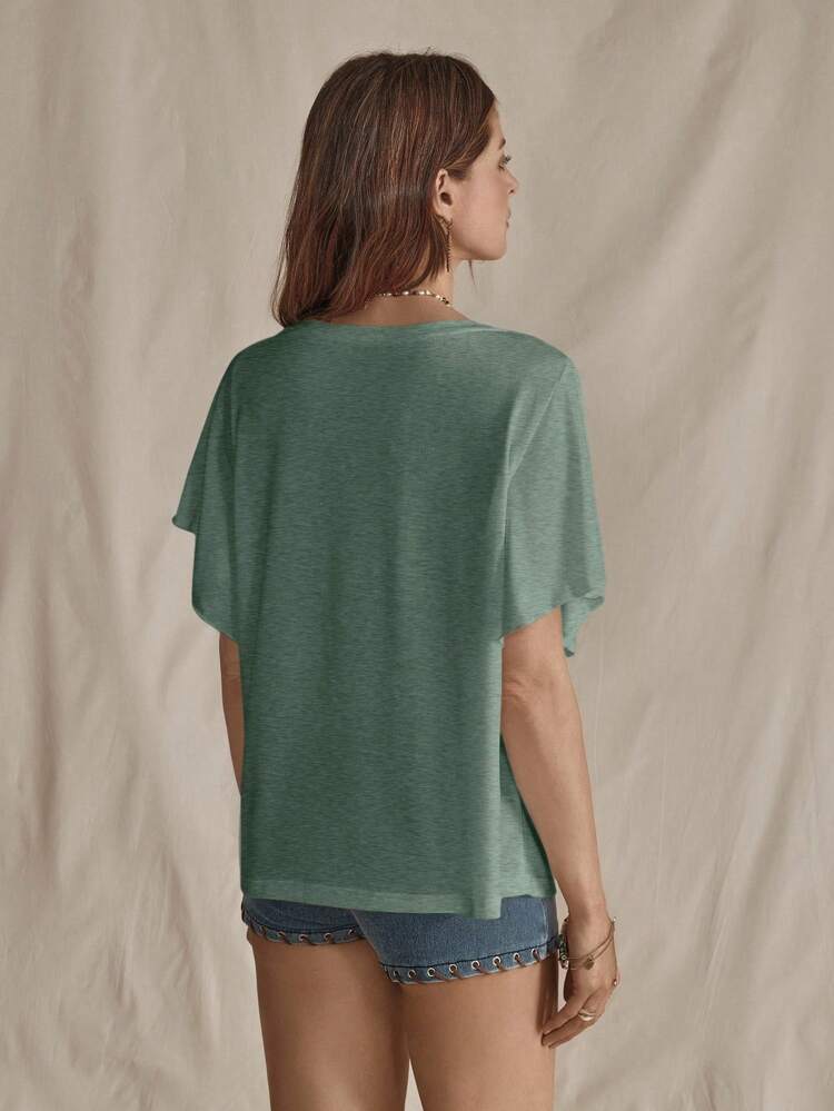 Solid Butterfly Sleeve V Neck Tee,Casual