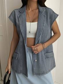 Livesso 女士牛仔翻领宽松休闲背心 - 藍色 - 查看 5