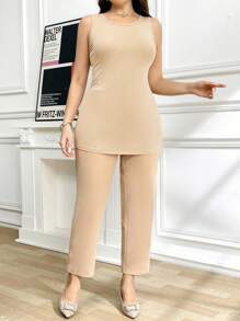 Ellevyn Bộ 3 món cỡ lớn: Áo ba lỗ cổ tròn màu trơn, quần dài và áo len cardigan thêu hoa hở phía trước, mùa hè - Màu be - Xem 5