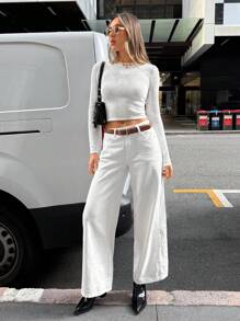 Siren Gaze 老钱风格返校教师女装冬季秋季复古风情白色碎花长袖上衣紧身高弹力女式碎花提花落肩长袖短款毛衣 - 白色 - 查看 4