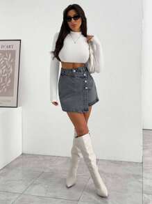 EURMUSE 女式迷你裙 中号 洗水纽扣细节 - 淺灰色 - 查看 4