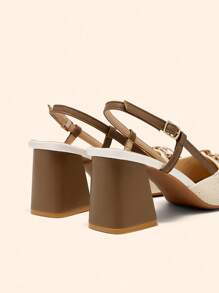 CUCCOO BASICS Women's Chic Mix Fabric Back Strap Chunky Heel Pointed Toe PU Leather Commute Slingback Pumps, Suitable For Dating, Party, Vacation For Christmas - Beige - View 4