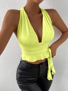 Zolique 蝴蝶黄色性感露背吊带褶饰上衣、狂欢节、基本款背心、外出背心、女士办公室上衣、返校、街头服饰、秋季、万圣节上衣