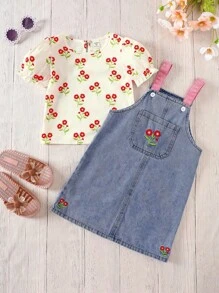 SHEIN 2pcs Young Girl Casual Floral Print Shirt & Denim Pinafore Dress Set - Light Wash - View 2