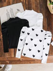 SHEIN 3 件装少女百搭立领泡泡袖心形印花修身长袖 T 恤，休闲百搭，适合秋冬 - 彩色 - 查看 2