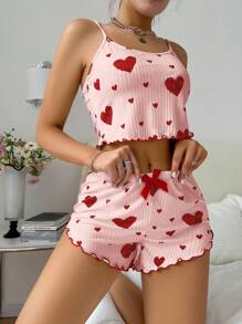 SHEIN Casual Underwear&Sleepwear 女士心形印花荷叶边吊带上衣和短裤睡衣套装女士两件套睡衣套装两件套短裤套装女士夏季休闲套装女士女士心形印花睡衣套装女士可爱睡衣套装 - 粉色 - 查看 3