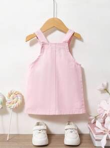 SHEIN Vintaside Kids 女婴花朵水洗柔软牛仔吊带裙 - 粉色 - 查看 2