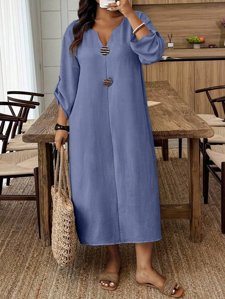 Breezaya Plus Size Casual Metal Decor Roll-Up Sleeve Dress For Holiday BASICS - Navy Blue - View 1