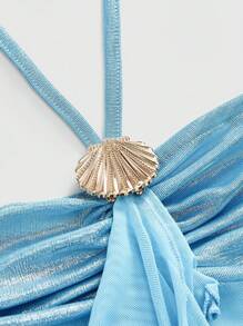 ROMWE Fairycore Women's Asymmetrical Hemline Halter Top With Ocean Shell Decoration, Summer - Blue - View 3