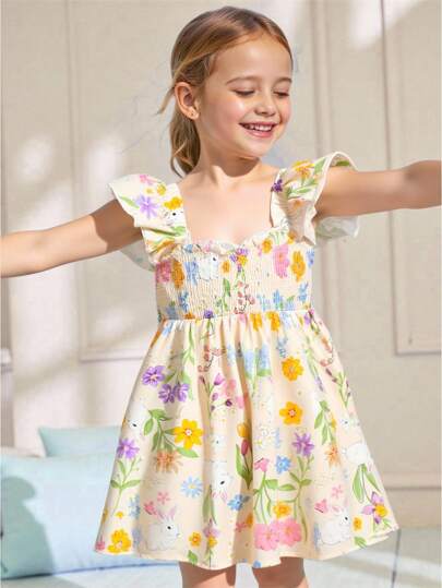 Souflis Souflis Vestido de princesa con estampado de conejos y flores, con mangas cortas, para niñas - Nuevas llegadas de primavera/verano para niñas