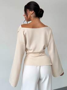 Firerie 船领喇叭袖收腰办公室女士杏色衬衫，新款简约优雅通勤装，不对称褶皱领，缎面喇叭袖办公室衬衫，优雅别致 - 杏色 - 查看 8