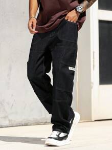 Manfinity Homme Quần Jeans Denim Ống Rộng Phong Cách Đường Phố Đơn Giản Tối Giản Túi Nam Quần Jeans Rộng Baggy Thời Trang Đường Phố - Rửa tối - Xem 4