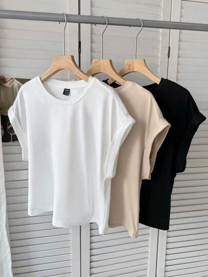 SHEIN LUNE 3 件套女士休闲纯色基本款短袖 T 恤可爱上衣基本款上衣女士外出机场装街头装外出上衣女士夏季 3 件套女士短款上衣女士上衣 T 恤女士外出上衣女士上衣女士节日装奶油黄色外出上衣女士纯色上衣纯色上衣