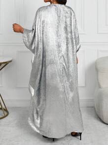 SHEIN Lady 大码女式撞色V领蝙蝠袖长袖宽松休闲连衣裙，秋冬 - 銀色 - 查看 2