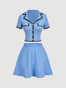 SHEIN MOD Women's Blue Contrast-Color Trim Knitted Shirt & Skirt Set, Vintage Look