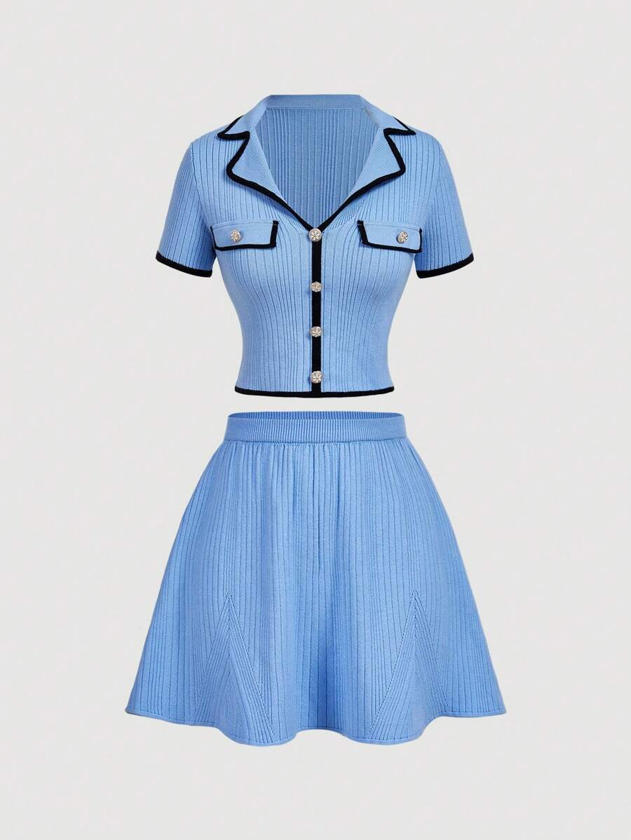 SHEIN MOD Women's Blue Contrast-Color Trim Knitted Shirt & Skirt Set, Vintage Look