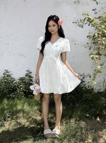 SHEIN 少女优雅提花纹理泡泡袖法式公主裙，适合海滩度假 - 白色 - 查看 6