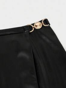 INAWLY Fashion Asymmetric Design Side Metal Chain Decor Solid Color Zipper PU Leather Women Skirt