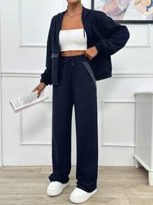 EURMUSE TWO PIECES TWO THREAD HOODIE SWEATHIRT AND SWEATPAT WITH SPARKLE STONE DETAIL - Navy Blue - View 5