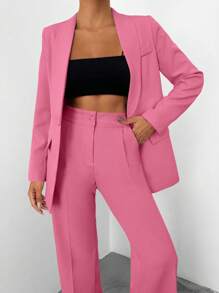 EURMUSE Conjunto de chaqueta y pantalones de unicolor para mujer - Rosa - Ver 6