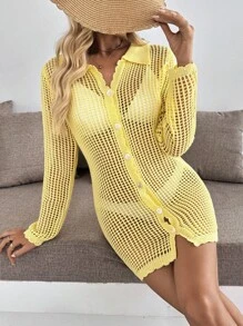 Breezaya Women's Light Yellow Semi-Sheer Open Knit Button-Up Cardigan. This Long Sleeve Collared Top Serves As A Stylish Beach Cover-Up Or A Casual Summer Tunic, Offering Breezy Comfort And Relaxed Style. - Yellow - View 3