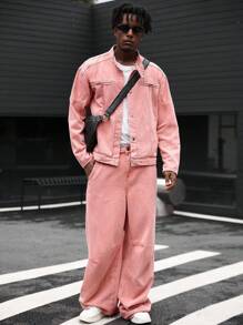 Manfinity EMRG 男士韩国品牌休闲立领牛仔夹克和直筒宽松牛仔裤套装，复古做旧外观，秋季