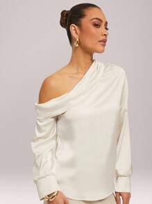 Silquee Damska satynowa bluzka z długim rękawem w jasnobeżowym kolorze, asymetryczny krój na jedno ramię, odpowiednia na Walentynki, imprezę, romantyczną randkę, druhnę, wesele, formalną okazję, do biura, na jesień/zimę i wiosnę - Morela - Zobacz 8