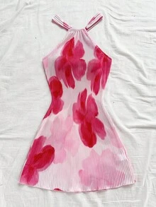 Soleia 女式露背花卉印花褶皱迷你连衣裙，修身廓形，适合度假、约会、下午茶、节日、音乐节、波西米亚风、春夏季 - 彩色 - 查看 5