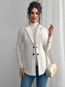 SHEIN 孕妇格纹双排扣无袖休闲夹克 - 白色 - 查看 5