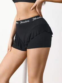 Menodora SHEIN Sport 女式字母印花拼接荷叶边下摆运动短裤 - 黑色 - 查看 3