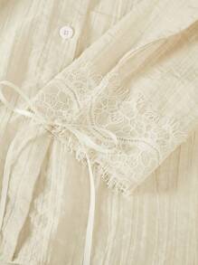 SHEIN Clasi 女士优雅撞色蕾丝长袖单排扣衬衫 - 黃色 - 查看 3