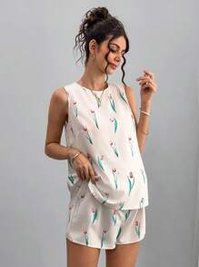 Momance 2pcs/Set Women Casual Print Sleeveless Top And Shorts Set, Maternity Outfit - Apricot - View 4