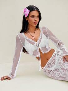 Bonvoyette 女式夏季性感海滩度假前结花卉贴花透明网眼罩衫和服