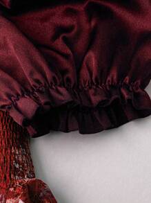 Sweetra Vintage Print Puff Sleeve Dress - Burgundy - View 5