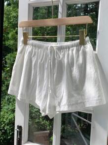 Comfortcana Women Casual Loose Drawstring Solid Color Shorts, Versatile For Everyday Wear White Linen Shorts