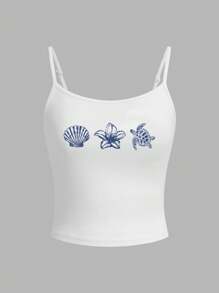 Veykashi Retro Turtle, Shell & Flower Pattern White Sleeveless, Casual & Sexy, Suitable For Holidays, Music Festivals, Beach Vacation, Summer White Graphic Crop Top Seashell Top Cute Beach Tops Turtle Graphic Top,Back To School - White - View 2