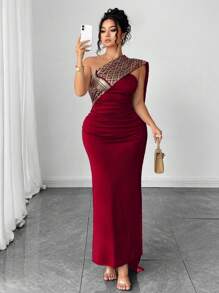Elenzga Plus Size Long Fitted Dress With Middle Eastern Design, Strapless - Burgundy - View 6