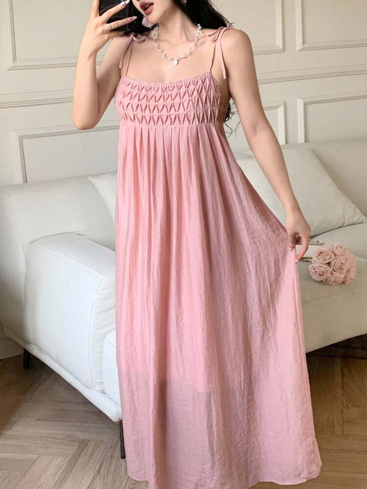 Modelyn Women's Elegant Solid Color Pleated Maxi Slip Dress For Summer - Coral Pink - View 2