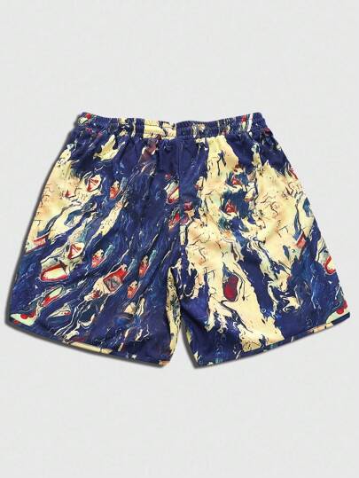 Street Life Pantalones cortos esenciales para hombres! Pantalones cortos con estampado de color contrastante azul y amarillo con un patrón único y cordón en la cintura, shorts casuales cómodos y de moda