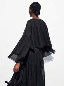 Maija 女式纯色系带荷叶边喇叭袖宽松时尚上衣 - 黑色 - 查看 1