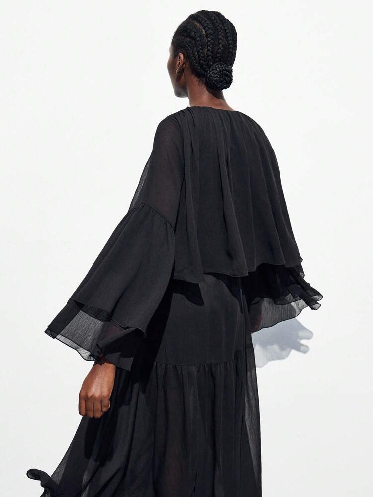 SHEIN Maija Women's Solid Color Tie Neck Ruffle Bell Sleeve Loose Fashion Top Black Sheer Top