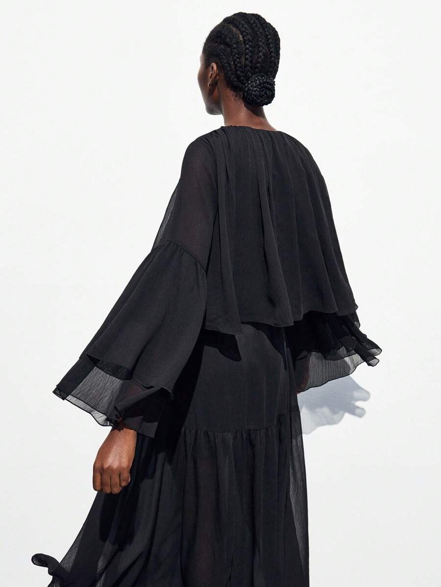 Maija 女式纯色系带荷叶边喇叭袖宽松时尚上衣 - 黑色 - 查看 1