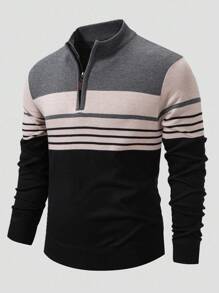 Manfinity Mode Men's Striped Half-Zip Casual Knit Sweater , Fall Winter, Long Sleeve Top - Black - View 3